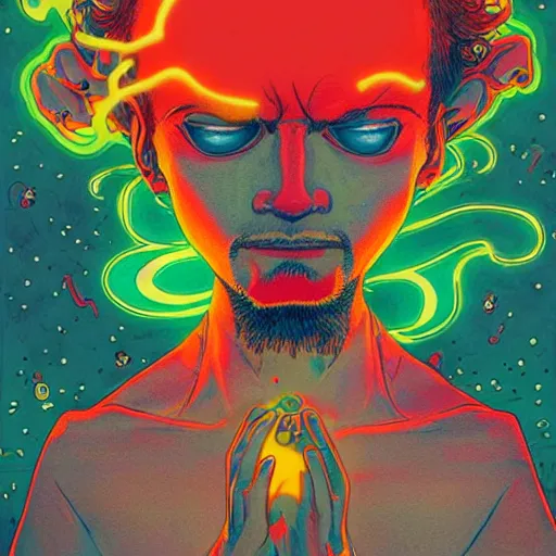 Image similar to a powerful psychic guy emitting psychic powers, by hikari shimoda, by jamie hewlett, by moebius,