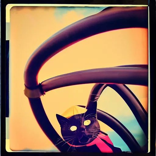 Image similar to black cat in a rollercoaster. the cat looks happy. sunlight. polaroid photo. saturated colors.