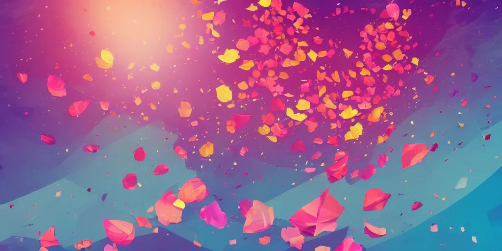 Image similar to background art of spaciously scattered flower petals flowing and flowing through the air from left to right on a simple sunset background, large individual rose petals, angular background elements, polygonal fragments, anime, artgerm, manga, trending on artstation, art nouveau, mature color scheme