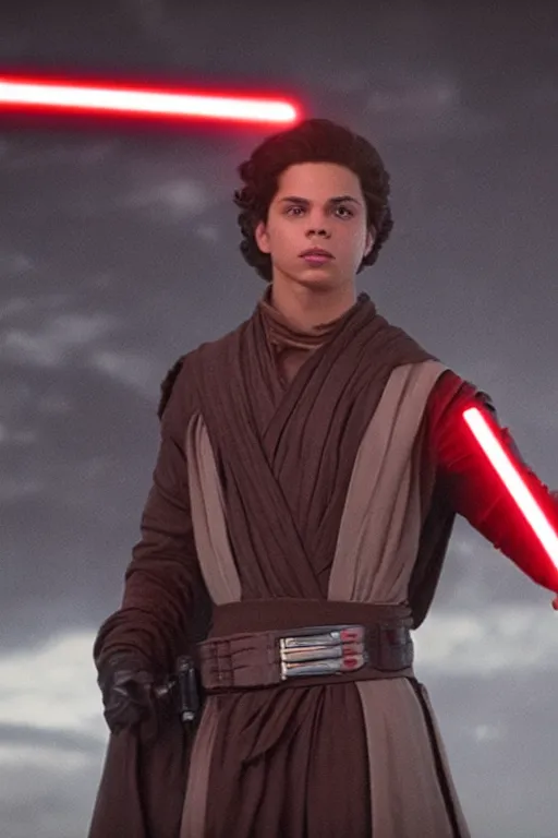 Image similar to jake t. austin as a sith in star wars the rise of skywalker, 3 5 mm photography, highly detailed, cinematic lighting, standing pose, holding lightsaber 4 k