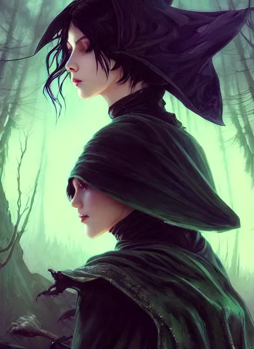 Image similar to side portrait dark witch with hood, adventurer outfit large cloak, fantasy forest landscape, moonshine, fantasy magic, undercut hairstyle, short green black fade hair, dark light night, intricate, elegant, sharp focus, illustration, highly detailed, digital painting, concept art, matte, art by WLOP and Artgerm and Greg Rutkowski and Alphonse Mucha, masterpiece