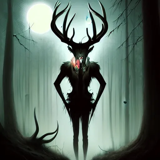 Prompt: in the style of artgerm, peter mohrbacher, wendigo, in the forest emerging from the shadows, deer skull face, antlers, fog, full moon, moody lighting, horror scary terror