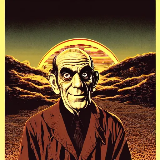 Prompt: full portrait of abe vigoda, disturbing horror zombie manga cover illustration by junji ito and joe fenton and syd mead and p. craig russell and barry windsor - smith, artstation, 4 k, graphic novel, concept art, matte painting, beautiful american rustic western landscape sunset background, golden hour, art nouveau