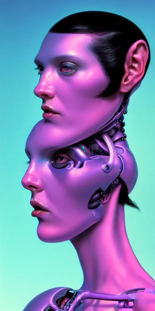 Prompt: hyperrealistic close-up of baroque cyborg woman with black hair and pearlescent pink skin wayne barlowe key sage very soft blue neon lighting on one side wide angle 35mm shallow depth of field 8k