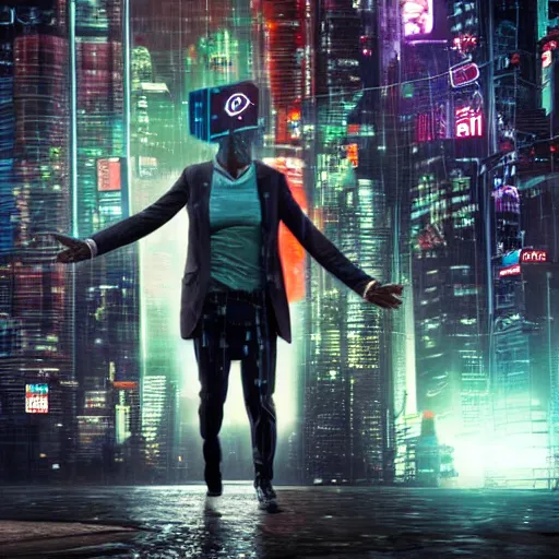 Prompt: crowd running scared from a giant with a bitcoin in his head, cyberpunk art, hyper-realistic, 4k