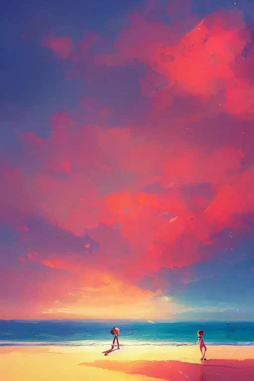 Image similar to a red haired young girl beach surreal photography, sunrise, dramatic light, impressionist painting, colorful clouds, digital painting, artstation, simon stalenhag