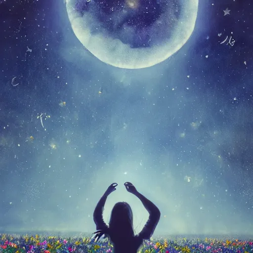 Prompt: breathtaking beautiful mystical illustration of a girl standing in a field of wild flowers gazing up at night sky, stars and milky way and moon, extreme foreshortening, bottom - up perspective, by akageno saru and thomke meyer and julia plath, trending on artstation, ballpoint, ultramarine and white