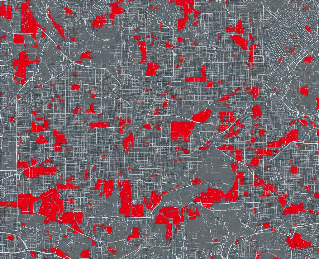 Prompt: Vector Taupe on DarkGrey Streets Satellite Map, showing the location of every house with a red icon, vector graphics, 8k