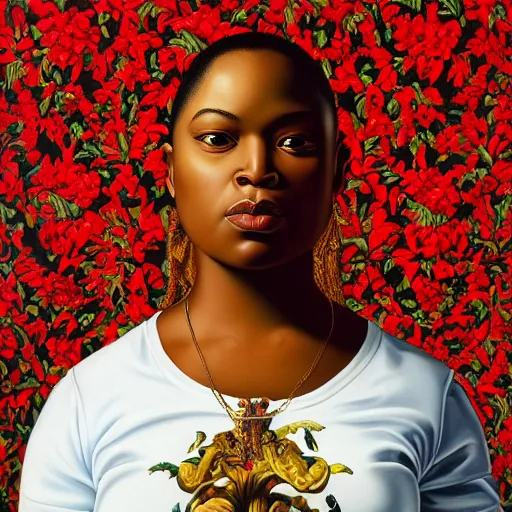 Image similar to A portrait of a thick powerful and pretty non-binary person, oil painting by Kehinde Wiley, majestic, detailed, high resolution