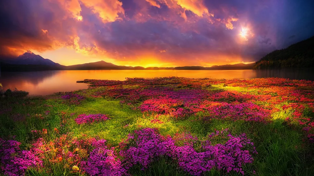 Prompt: amazing landscape photo of a flower bed with lake in sunset by marc adamus, beautiful dramatic lighting