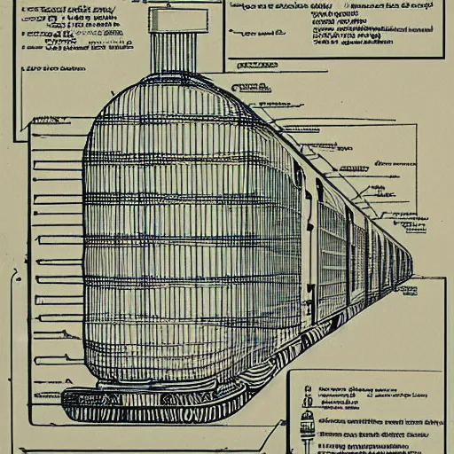 Image similar to blueprints for a nuclear powered train, high detail