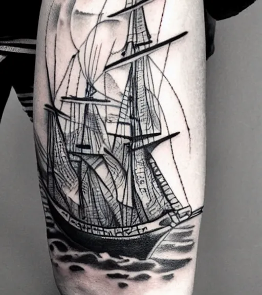 Prompt: A realistic tattoo design sketch of a pirate ship, paper background, black and white tattoo, highly detailed tattoo, shaded tattoo, hyper-realistic tattoo
