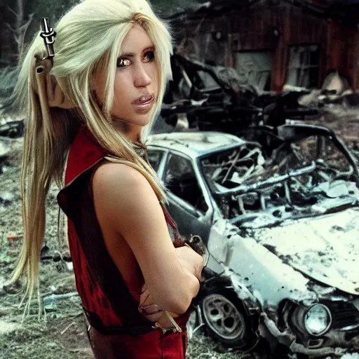 Image similar to a skinny female high-fantasy elf with a long face narrow chin and spiky blonde hair wearing dark brown overalls and holding a bomb next to a destroyed car, gel spiked blond hair, small ears, narrow lips, high resolution film still, HDR color