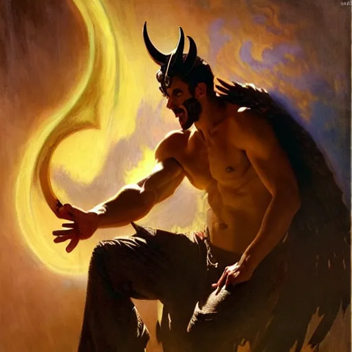 Image similar to attractive male lucifer morning star casting a spell summoning male demons. highly detailed painting by gaston bussiere, craig mullins, j. c. leyendecker, 8 k