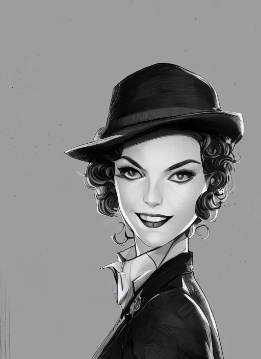 Image similar to a highly detailed illustration of curly short haired girl wearing noir hat and suit and tie, dramatic smiling pose, intricate, elegant, highly detailed, centered, digital painting, artstation, concept art, smooth, sharp focus, league of legends concept art, WLOP