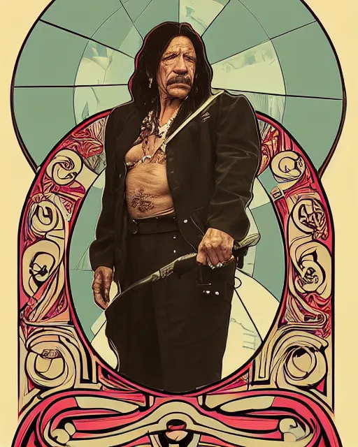 Image similar to a portrait of danny trejo in the style of alphonse mucha