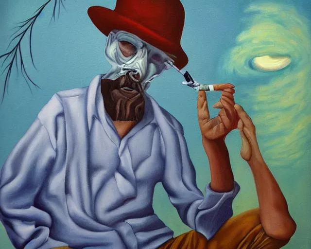 Image similar to a surreal painting of man smoking a joint