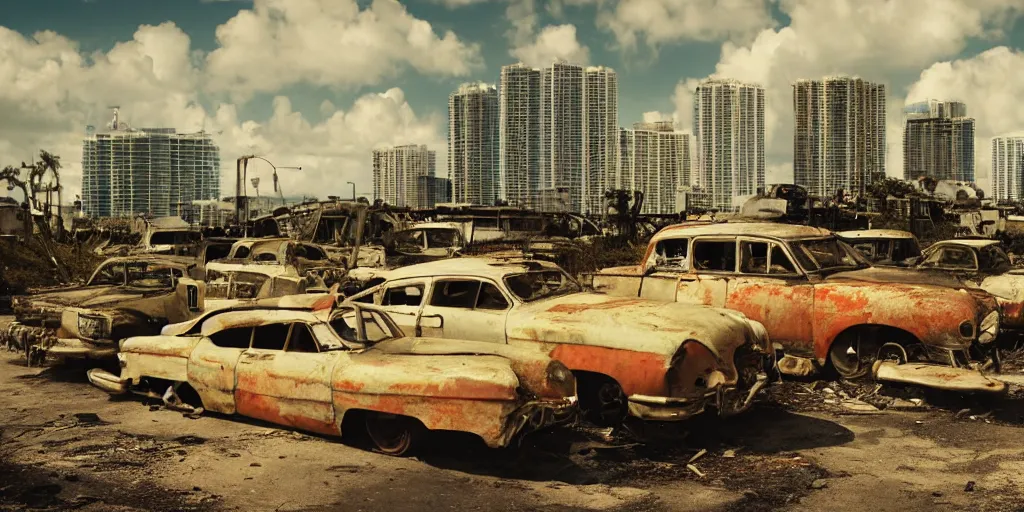 Image similar to fallout 5, photo of dilapidated miami, tropical coastal city, desolate, dilapidated, some rusted retro futuristic vintage parked vehicles like cars, buses, trucks, trams, sunny weather, few clouds, volumetric lighting, photorealistic, daytime, spring, sharp focus, ultra detailed, 4 0 0 0 k, technicolour 1