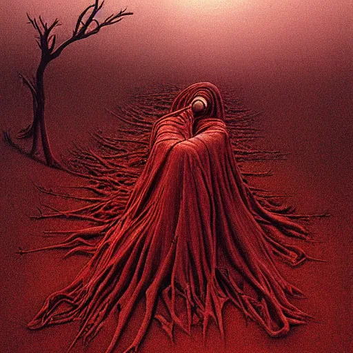 Image similar to mother, wrapped in thorns, in a desolate, charred desert, high contrast, dark red, HDR, painted by zdzislaw beksinski