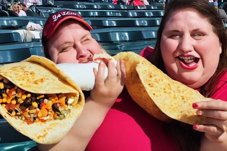 Image similar to obese woman eating a giant burrito sitting at a baseball game, photograph,