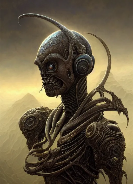 Prompt: closeup portrait shot of a alien warrior in a scenic dystopian environment, intricate, elegant, highly detailed, centered, digital painting, artstation, concept art, smooth, sharp focus, illustration, artgerm, tomasz alen kopera, peter mohrbacher, donato giancola, joseph christian leyendecker, wlop, boris vallejo