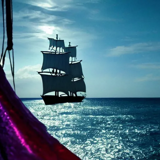 Prompt: A pirate on the high seas that has magical pearlescent shimmering see through sails