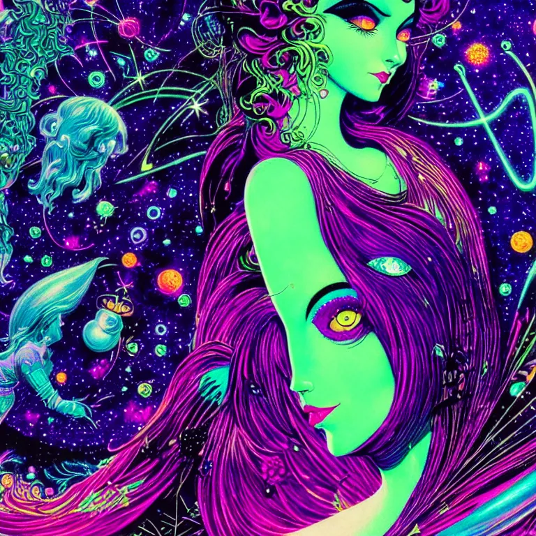 Image similar to cosmic maiden, medium close - up, infinite crystal ascent, bright neon colors, highly detailed, cinematic, eyvind earle, tim white, philippe druillet, roger dean, lisa frank, aubrey beardsley