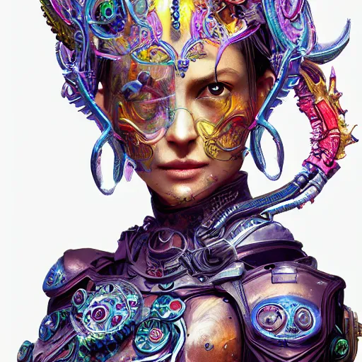 Prompt: legally kind colorful female divine mech paladin gun dream machina westworld studio portrait absurdly beautiful, elegant, young sexy elegant woman, super fine surreal detailed face illustration by kim jung gi, iraq nadar, intricate lines, sharp focus, vibrant colors, matte, octopath traveler, final fantasy, unreal engine highly rendered, global illumination, radiant light, intricate environments