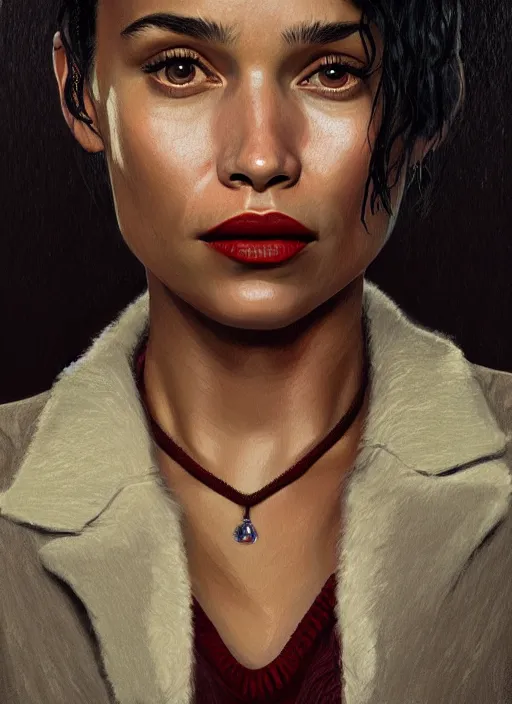 Image similar to twin peaks movie poster art, portrait of zoe kravitz, from scene from twin peaks, clean, simple illustration, nostalgic, domestic, highly detailed, digital painting, artstation, concept art, smooth, sharp focus, illustration, artgerm, donato giancola, joseph christian leyendecker, wlop