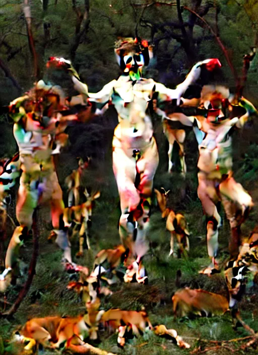 Image similar to photo of a pagan nymps dancing with fawns having a profound lifechanging psychedelic experience in a deep thorns bones bloody forest , by william-adolphe bouguereau and Austin Osman Spare and Takato Yamamoto, high resolution, rendered in octane 3d