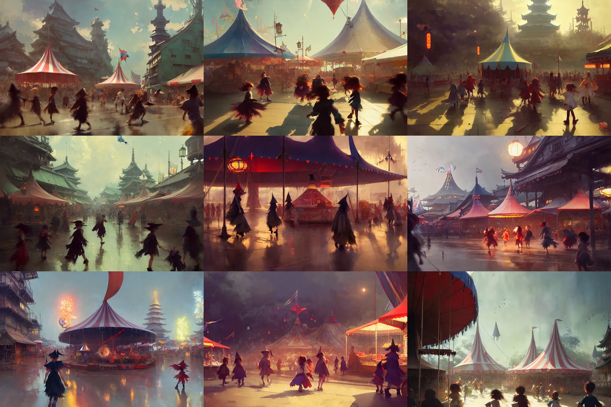 Prompt: young witches running around exploring small town carnival amusement, food stalls, big top circus tent, highly detailed, magicical, japan, digital painting, concept art, matte, art by ruan jia and wlop and greg rutkowski and makoto shinkai, masterpiece