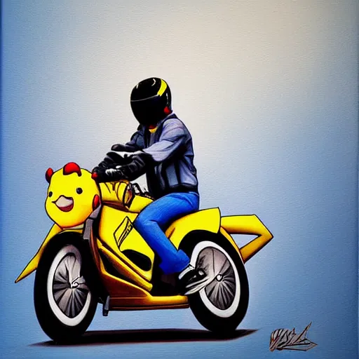 Prompt: pikachu, motorcycle, pikachu riding motorcycle, nestor canavarro hyperrealist art style, sharp brushstrokes