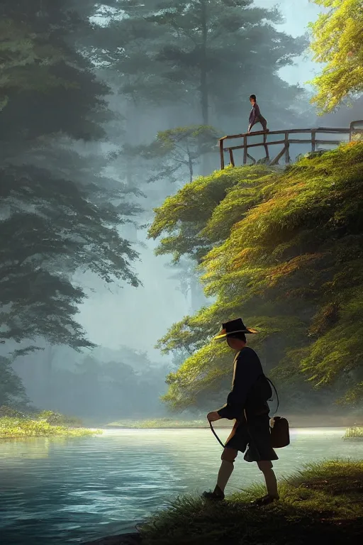 Image similar to a wholesome cottagecore illustration of a man walking on the backs of a river with his shadow flowing behind, studio Ghibli, Pixar and Disney animation, sharp, Rendered in Redshift and Unreal Engine 5 by Greg Rutkowski, Bloom, dramatic lighting