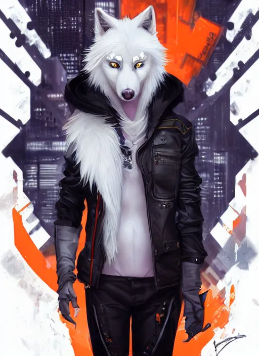 Image similar to award winning beautiful portrait commission of a male furry anthro albino wolf fursona with a tail and a cute beautiful attractive detailed furry face wearing stylish black and orange cyberpunk biker clothes in a cyberpunk city at night while it rains. Character design by charlie bowater, ross tran, artgerm, and makoto shinkai, detailed, inked, western comic book art