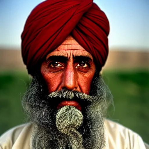Image similar to portrait of woodrow wilson as afghan man, green eyes and red turban looking intently, photograph by steve mccurry