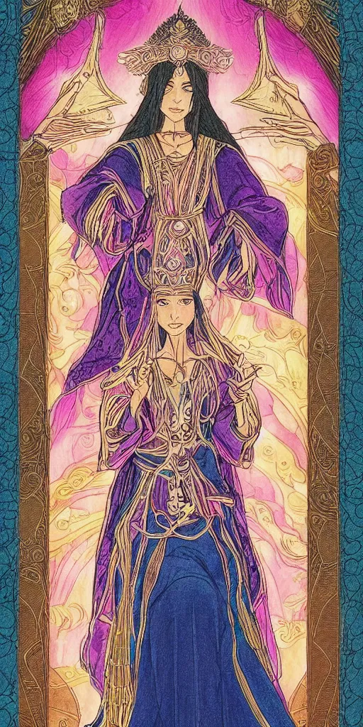 Prompt: a mystical woman priestess sitting on a throne, the divine feminine, drawn by studio UFOTABLE, fine line work, pastel colors, Tarot cards