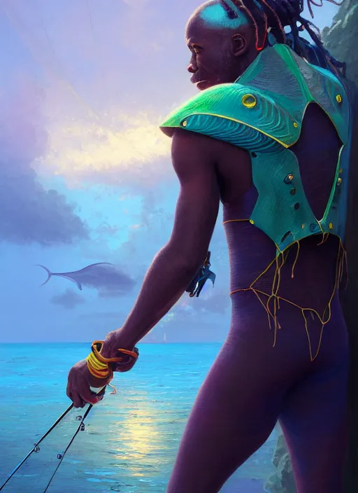 Image similar to portrait of a male jamaican fisherman sci - fi glowing fishing armor fishing rod cyberpunk muscular intricate elegant highly detailed digital painting artstation concept art, ocean background, reggae colors, cinematic, greg rutkowski, loish, rhads, ferdinand knab, makoto shinkai and lois van baarle, ilya kuvshinov, rossdraws, tom bagshaw