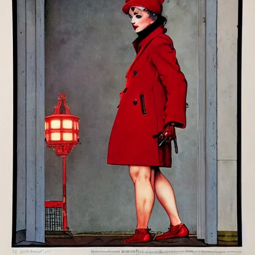 Prompt: Muscular and scary urban female vampire with a red coat and beret, by Norman Rockwell and Robert McGinnis.