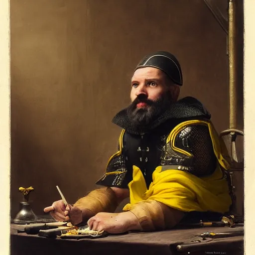 Image similar to Medium shot frustrated and acerbic male bearded Imperial soldier wearing a {black and yellow tabard} over a steel breastplate and a black gambeson leaning over a table, by Raymond Swanland Greg Rutkowski Lise Deharm, {perfect face}, {perfect eyes}, {perfect body}, {hands planted on table},