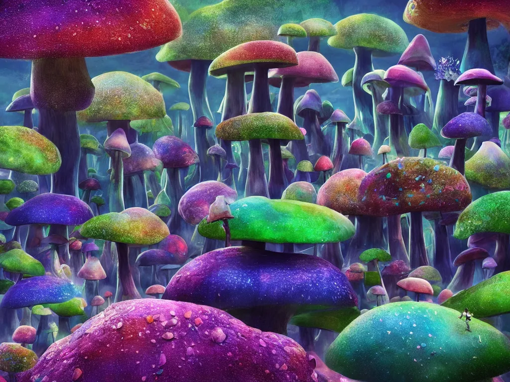 Prompt: a beautiful otherworldly fantasy landscape of giant mushrooms like trees forming canopies over bright colorful mythical sprouted floral plants and colorful foliage on the ground, like alice in wonderland, extreme detail, studio ghibli and pixar and abzu, rendering, cryengine, deep colors, purple and blue and green colors, vray render, cgsociety, bioluminescent