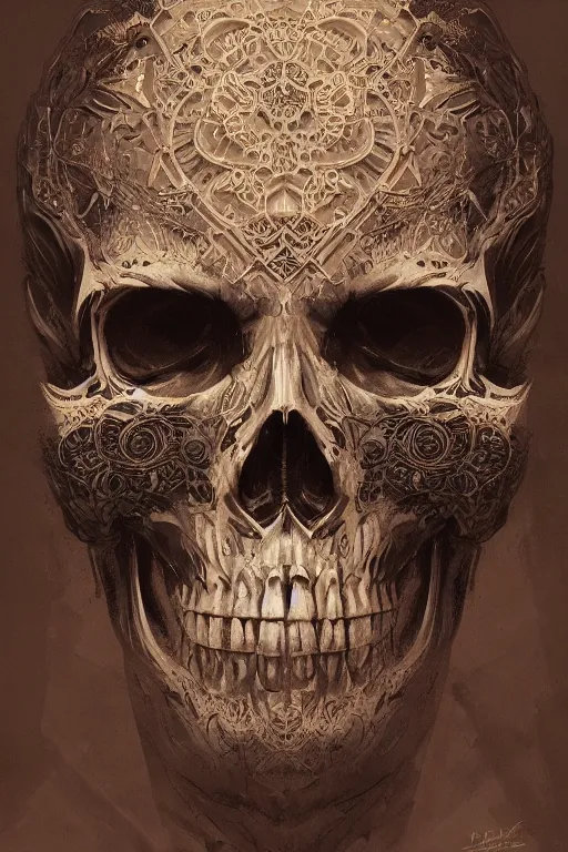 Image similar to concept art skull, the skull is decorated with art deco patterns, close - up portrait, powerfull, intricate, elegant, volumetric lighting, scenery, digital painting, highly detailed, artstation, sharp focus, illustration, concept art, ruan jia, steve mccurry