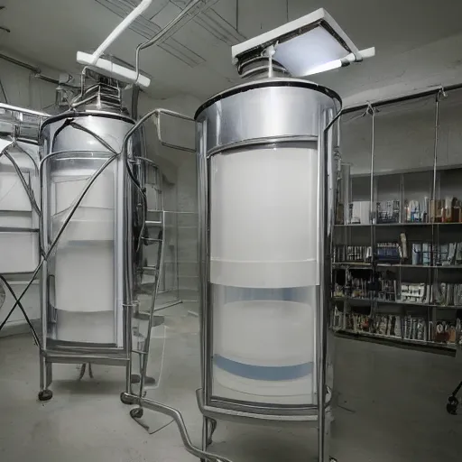 Image similar to secret shady laboratory, awful experiments, test tubes ¨, specimens in water tanks
