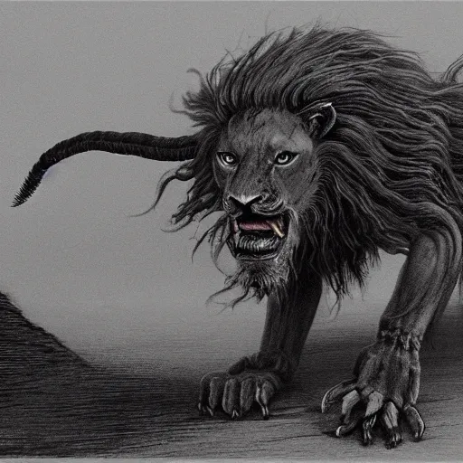 Prompt: manticore concept, lion body, scorpion tail, beksinski