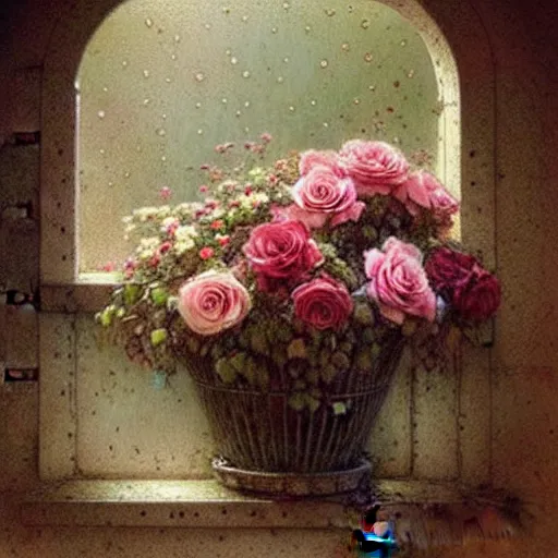 Image similar to ( ( ( ( ( intricate window with roses flower pot. muted colors. ) ) ) ) ) by jean - baptiste monge!!!!!!!!!!!!!!!!!!!!!!!!!!!