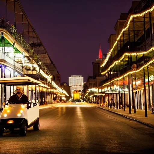 Image similar to golf carts driving down bourbon street in new orleans at night. cinematic lighting