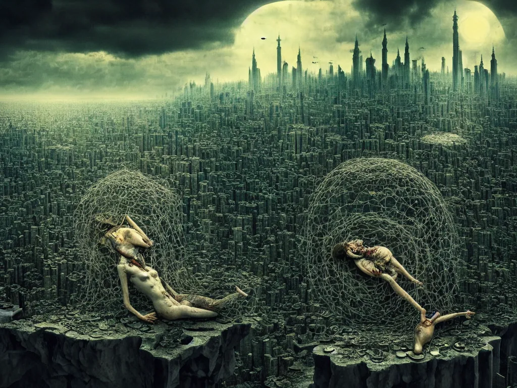 Image similar to highly detailed photo of living is the illusion of dying, trending on deviantart, neo surrealism, sharp focus, 4 k, a lot of little details, octane, masterpiece, art by max ernst