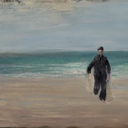 Image similar to a man in a hazmat walking on an abandoned beach, impressionist