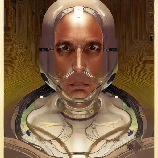 Prompt: portrait of old male android, coy, circuitry visible in head, in the style of ex machina, karol bak, alphonse mucha, greg rutkowski, award winning, hr giger, artstation