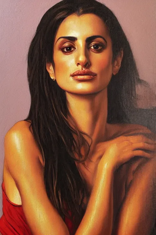 Image similar to oil painting, portrait of penelope cruz, artwork by caravaggio