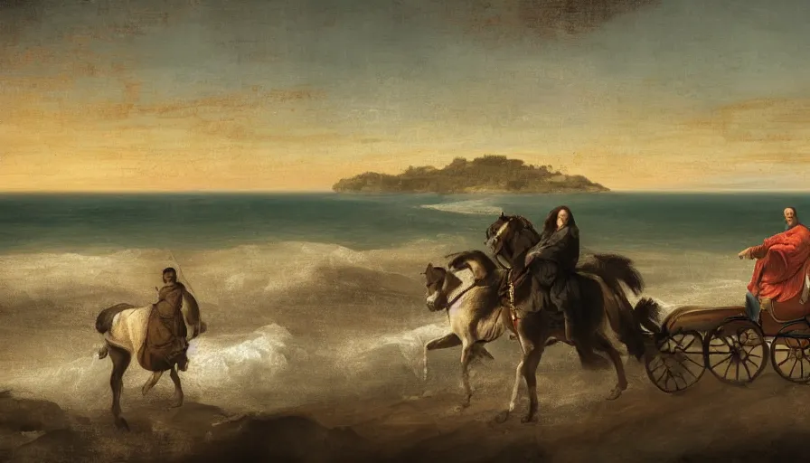 Prompt: the weeknd and drake driving a car by da vinci, digital art, classical painting, sharp focus, sunset beach, 4 k, restored